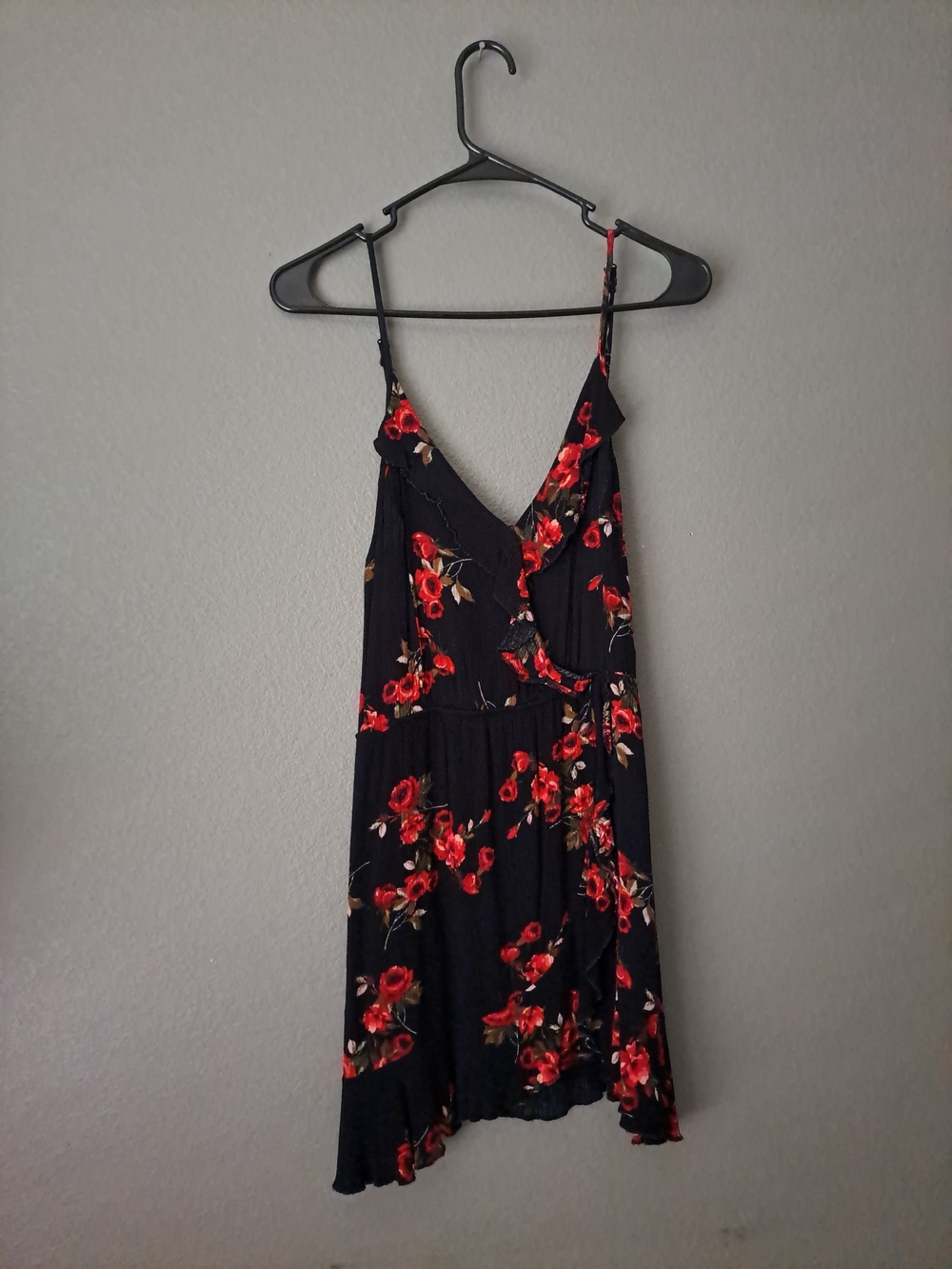 Black Floral Spaghetti-Strap Dress with Red Rose Print